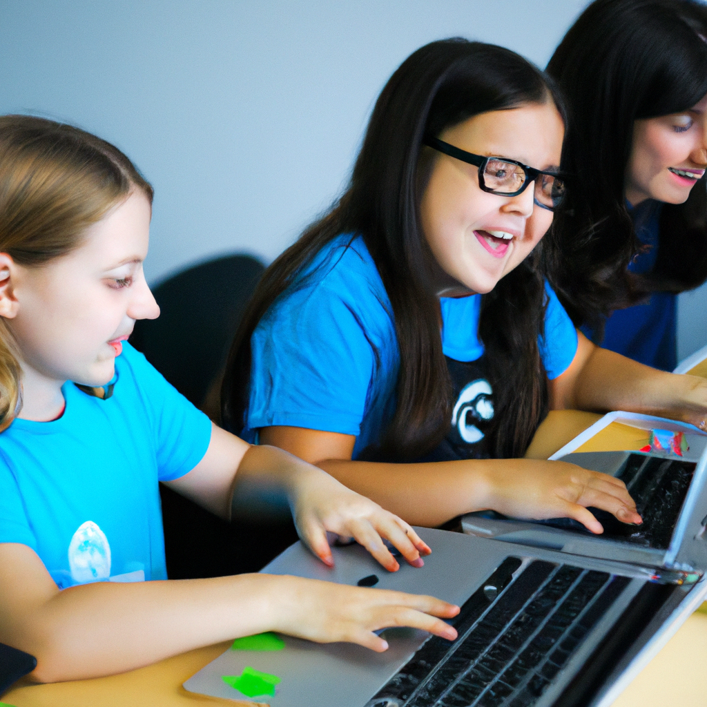 Children coding with laptops in a bright safe classroom with a smiling mentor