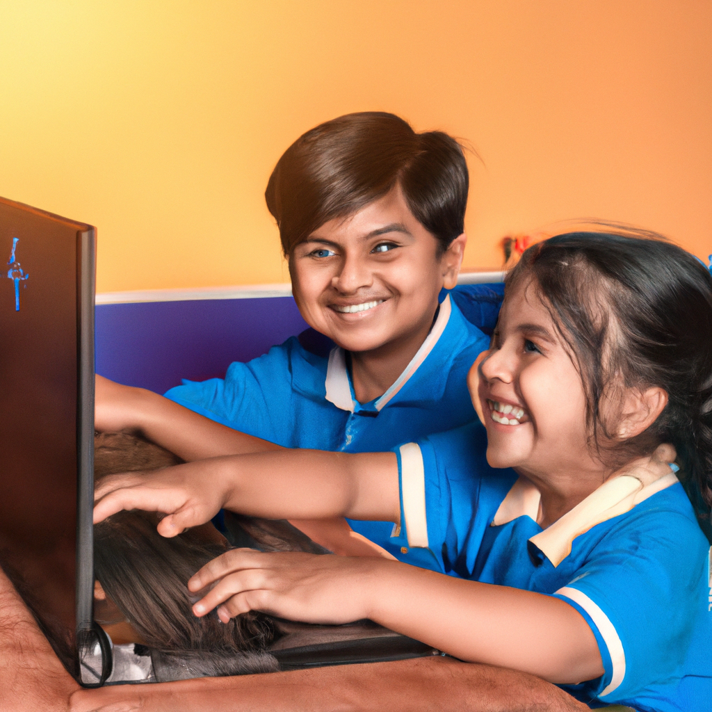 Smiling children learning to code with laptops in a bright, colorful classroom at NorthHill Kids Code